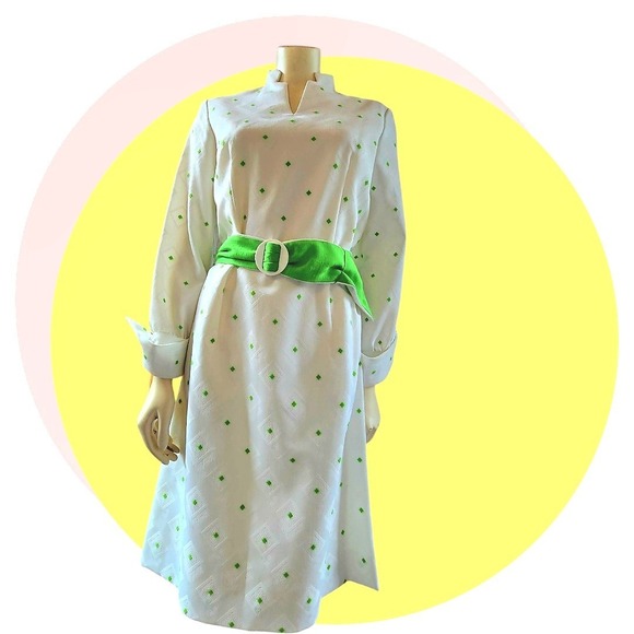 Vintage Mod White & Green Midi Dress Sz 12 W Belt New With‎ Tags - Picture 16 of 16